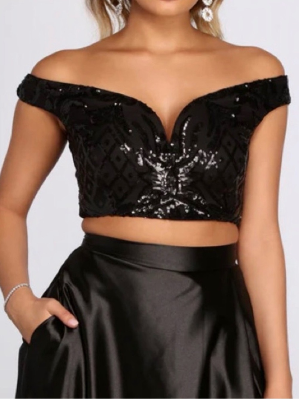 Windsor Black Off-Shoulder Sequin Crop Top